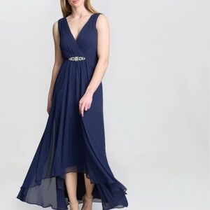 Eliza J Embellished High/Low Chiffon Dress Navy V-Neck Sleeveless Size 8 NWT